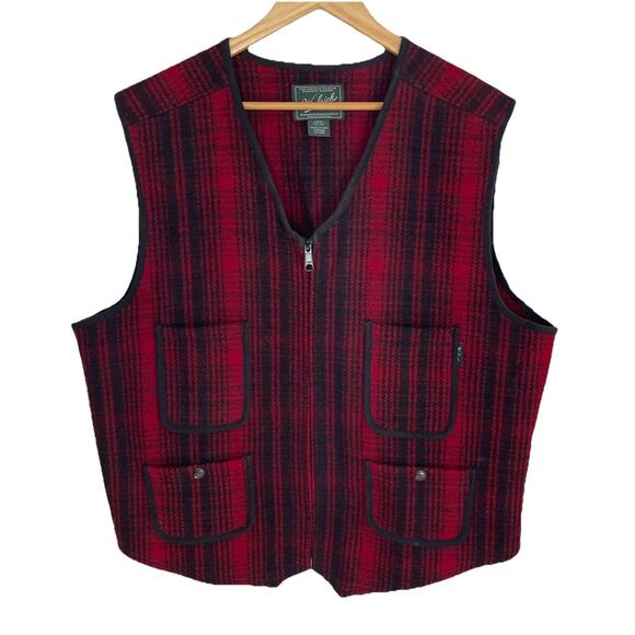Woolrich Buffalo Plaid Wool Field Hunting Vest Back Buckle Rugged Men XL Red/Blk - Picture 1 of 15